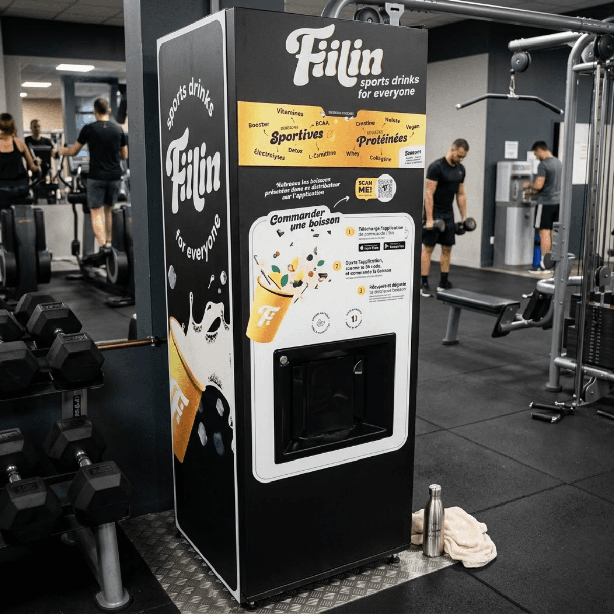 Distributeur Fiilin installé dans une salle de sport partenaire