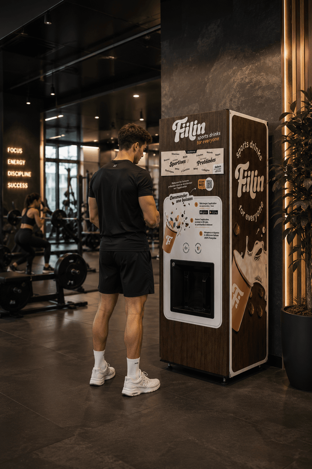 Un adhérent commande sa boisson sur le distributeur Fiilin installé dans sa salle de sport
