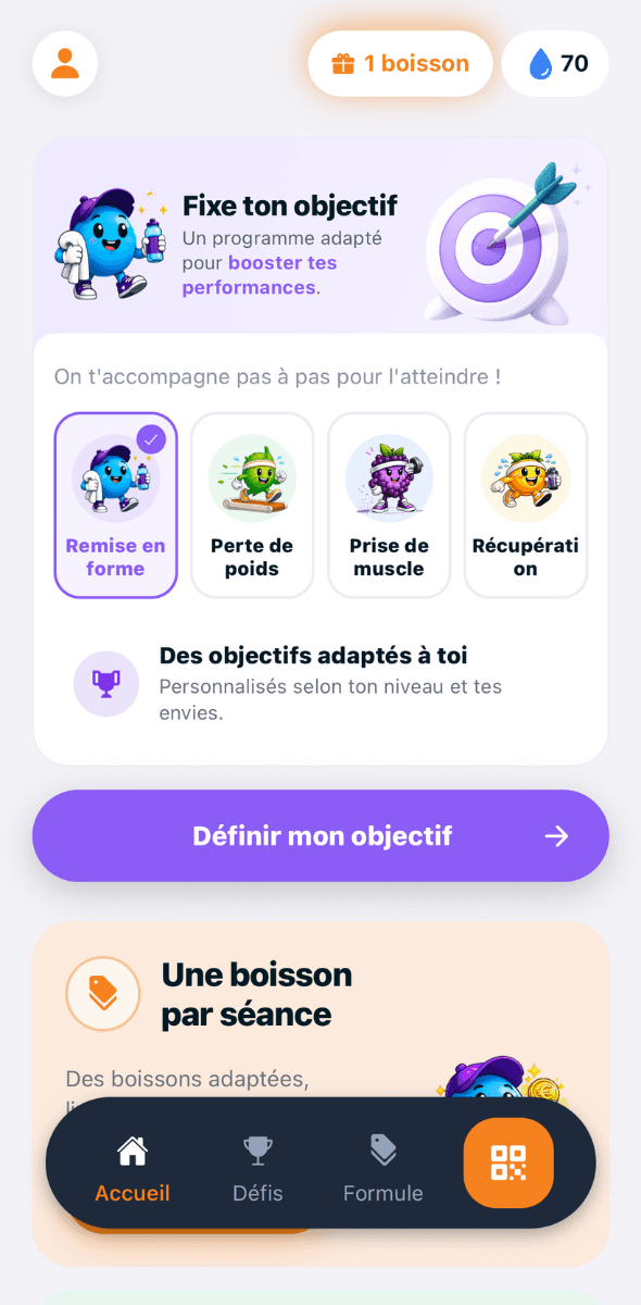 Écran de l'app Fiilin — choix de l'objectif : remise en forme, perte de poids, prise de muscle ou récupération.
