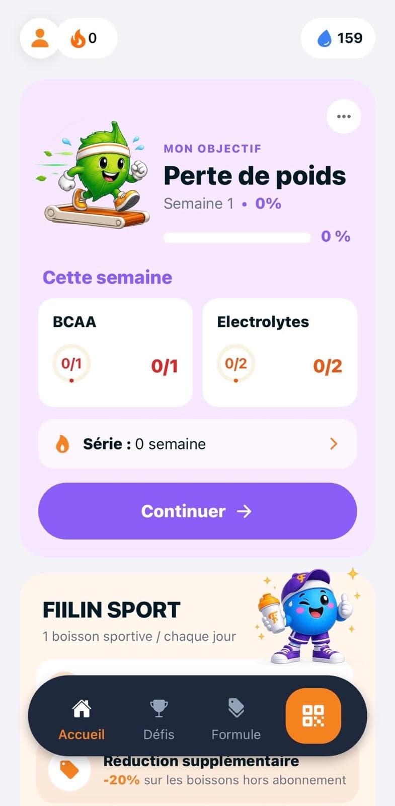 Écran de l'app Fiilin — programme personnalisé perte de poids avec suivi hebdomadaire et carnitine du jour.