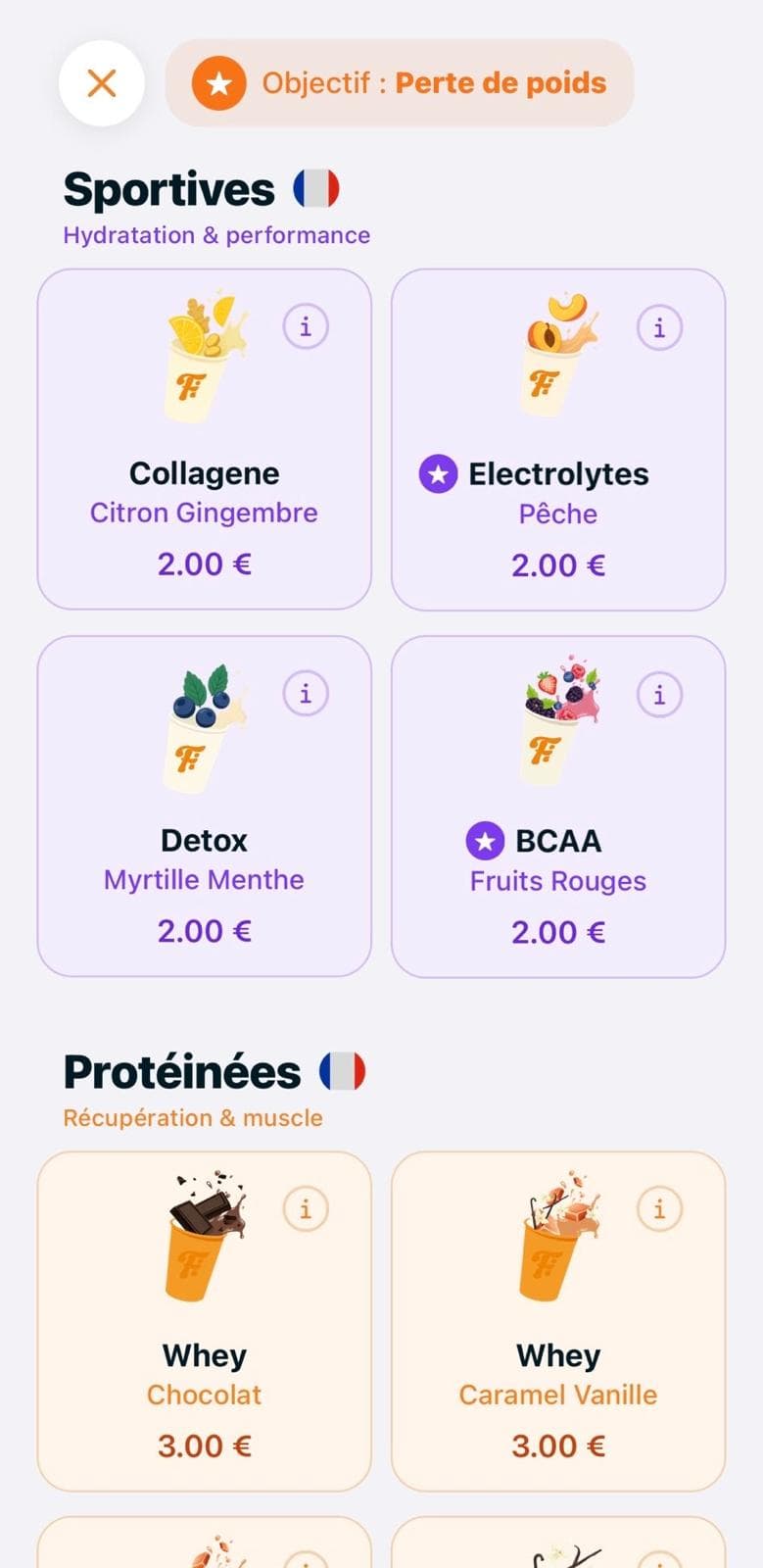 Écran de l'app Fiilin — catalogue boisson avec les catégories Protéinées et Sportives.