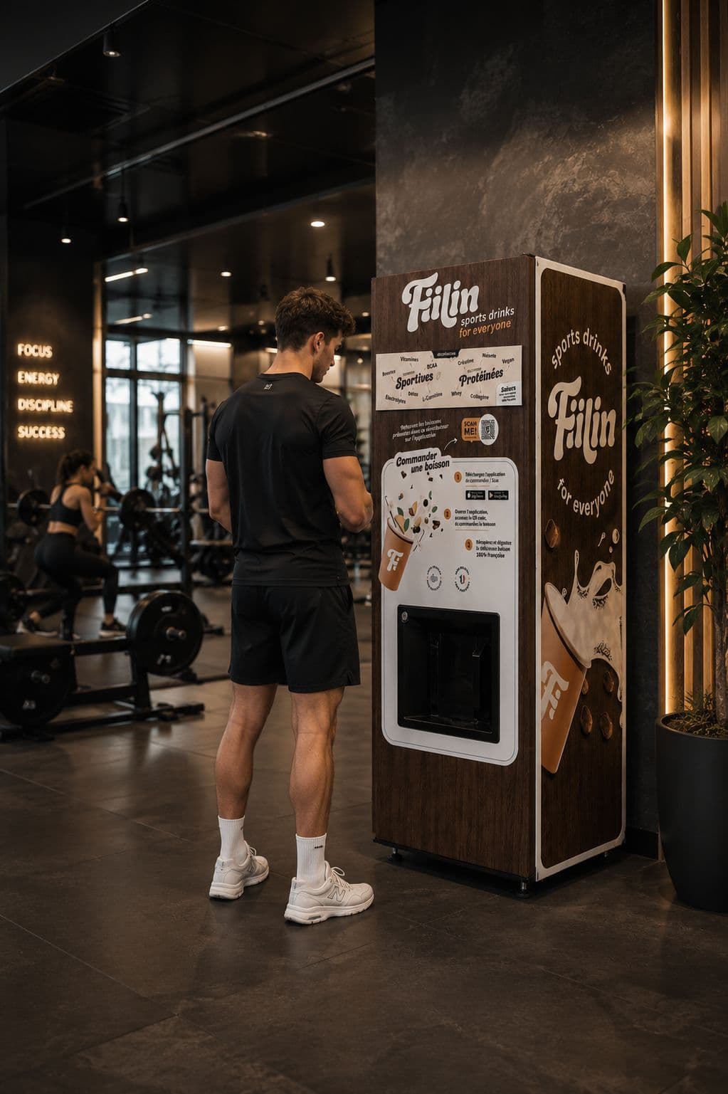 Un adhérent commande une boisson au distributeur Fiilin dans sa salle