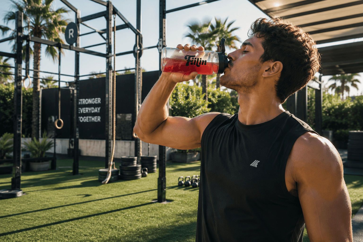 Sportif buvant une boisson Fiilin fruits rouges après sa séance