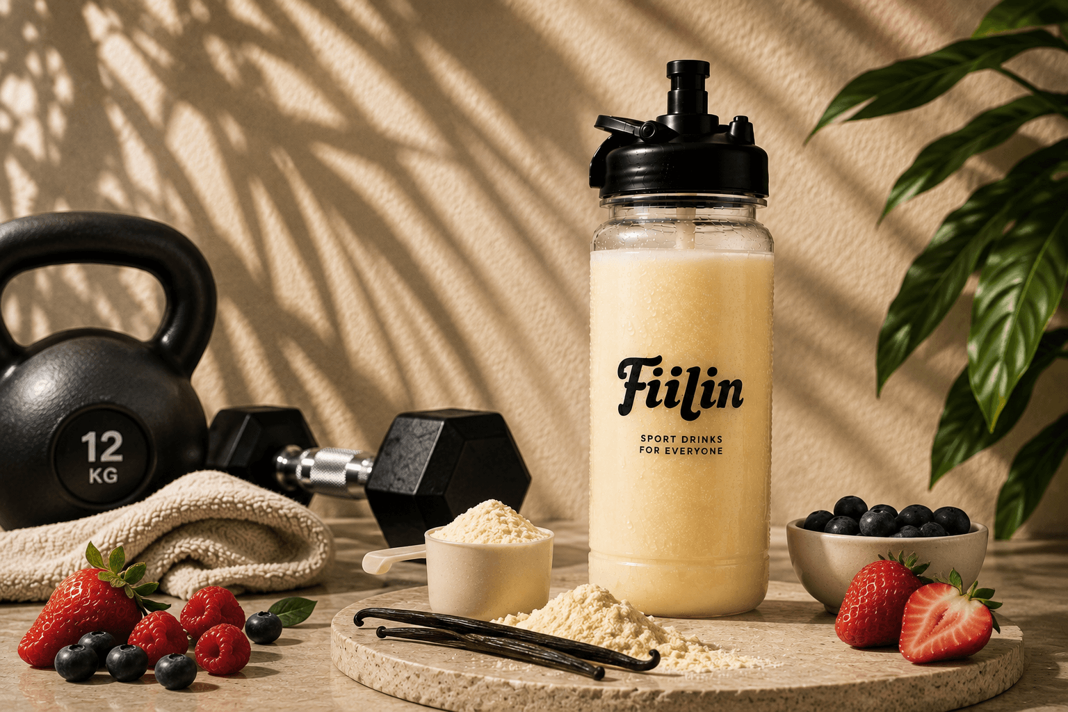 Whey Fiilin préparée, dosette de poudre, gousses de vanille et fruits rouges