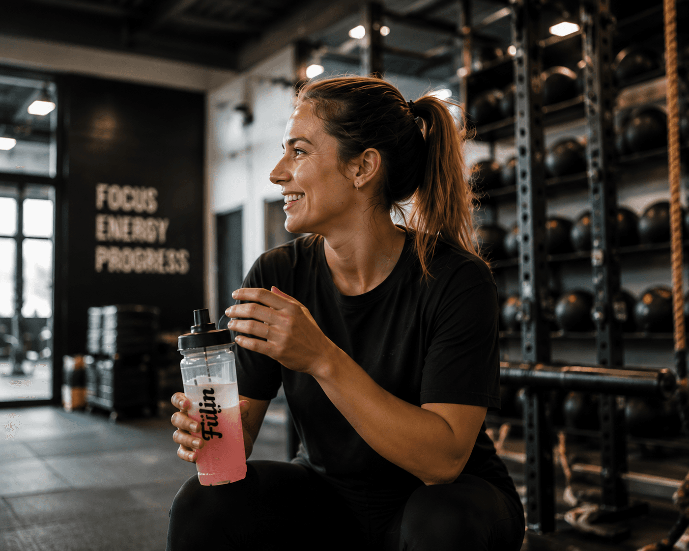 Une adhérente boit sa boisson Fiilin après l'entraînement